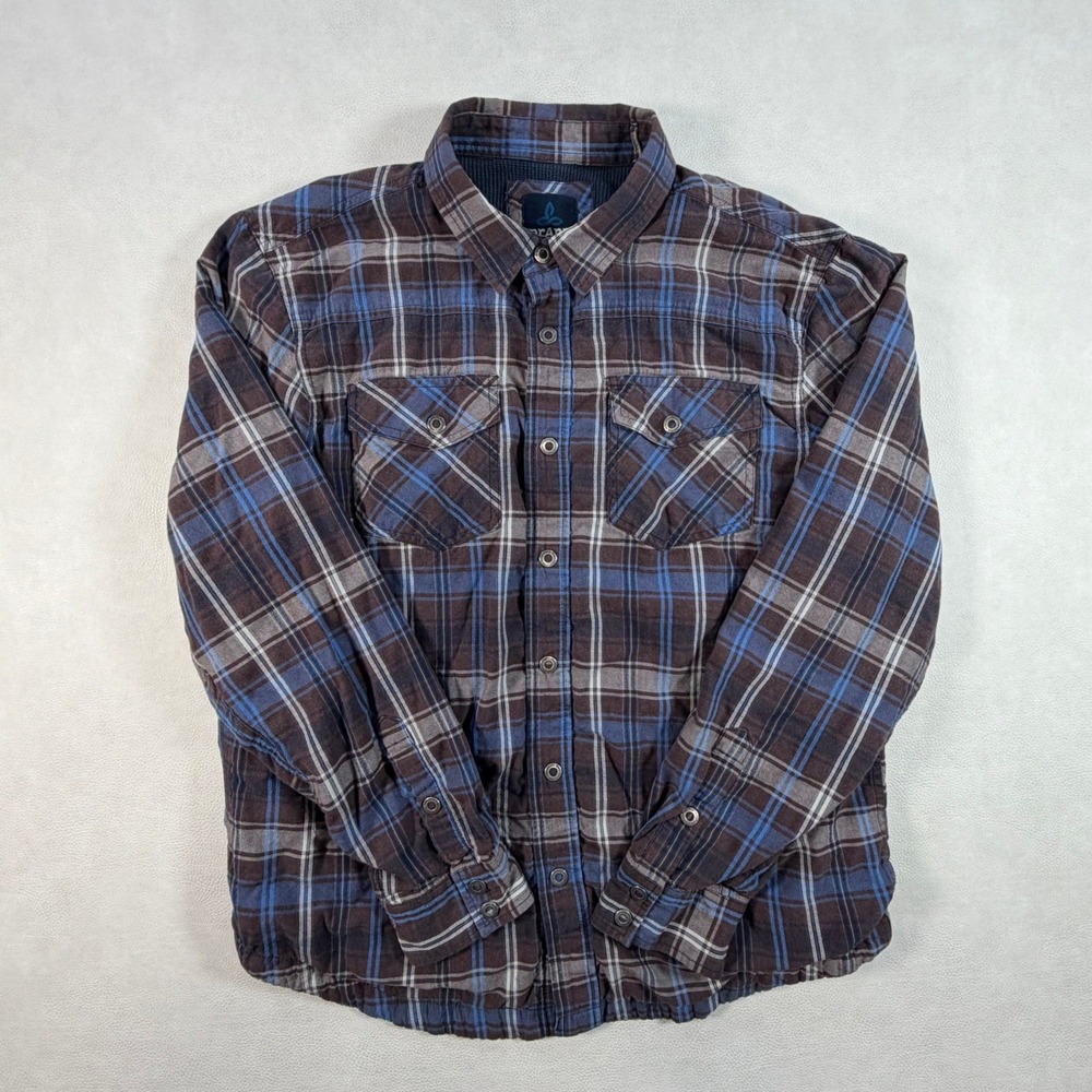 Prana Mens Large Plaid Thermal Lined Flannel Shirt Brown Blue Snap Button Rugged